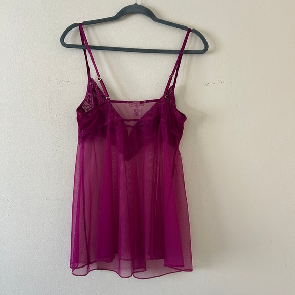 Victoria's Secret Plum Babydoll Chemise Lingerie Lace Mesh Sheer L - Picture 8 of 10